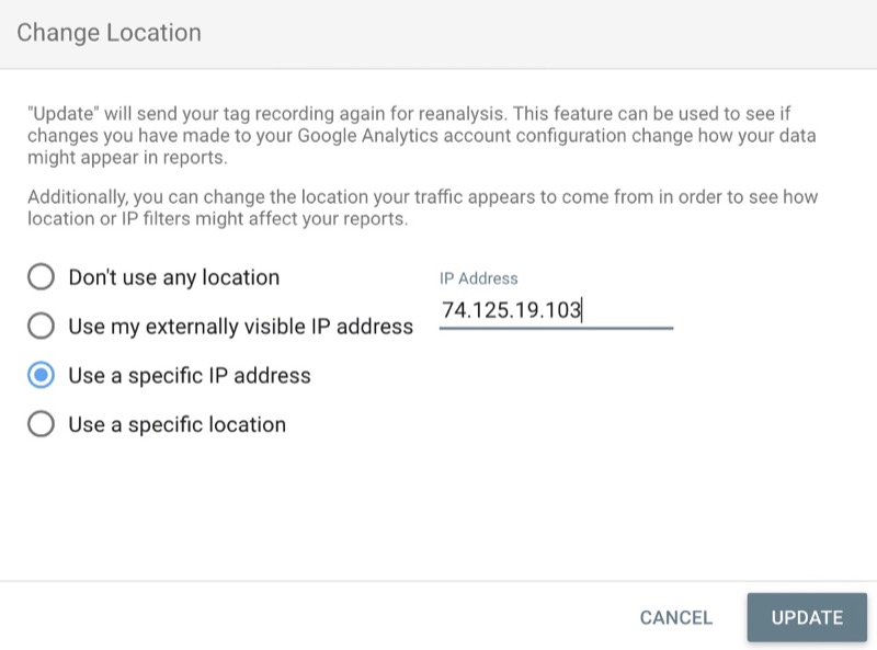 Location Filter in Google Analytics Report in Google Tag Assistant Recording