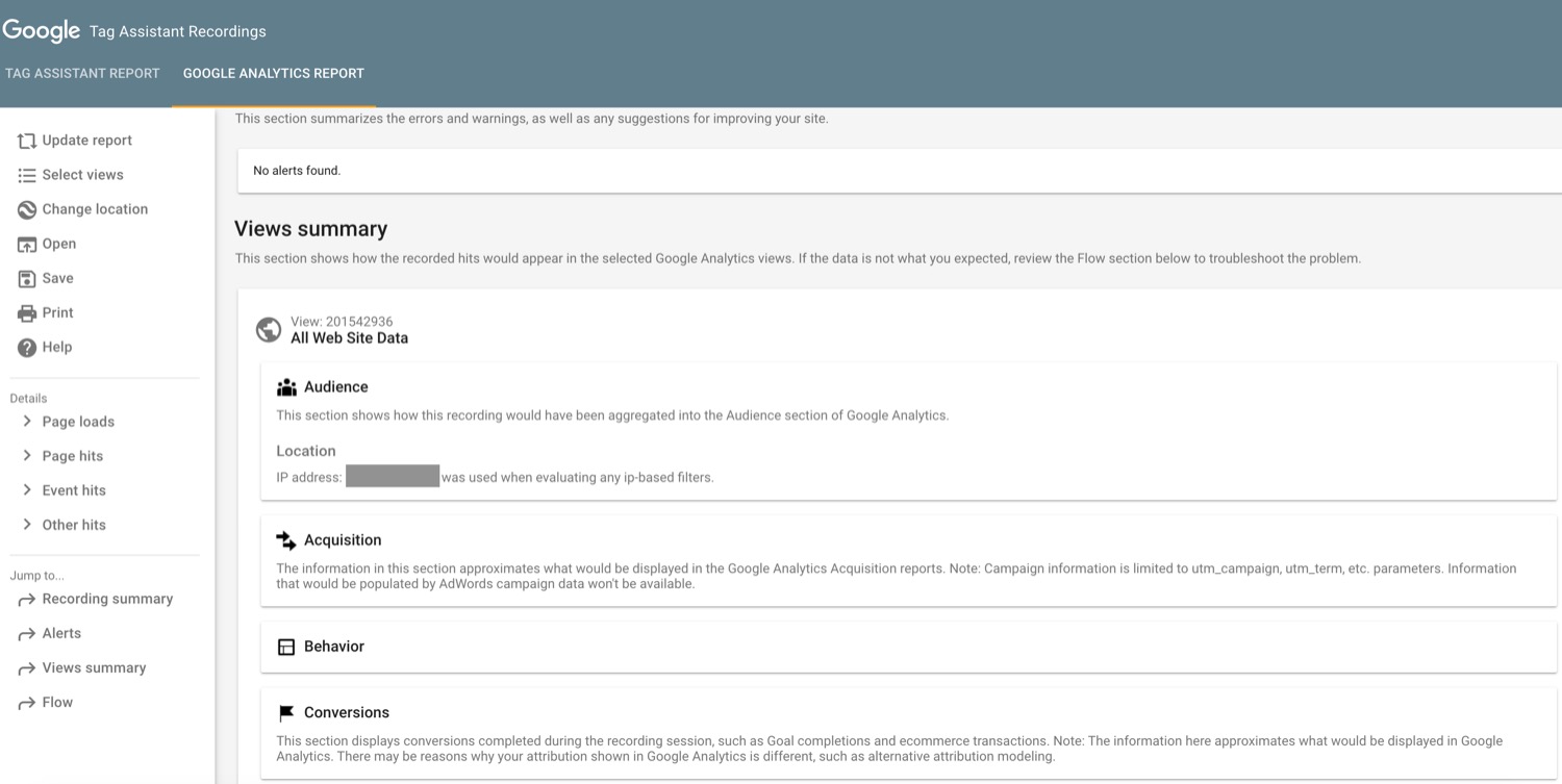 Filter check in Google Analytics Report in Google Tag Assistant Recording