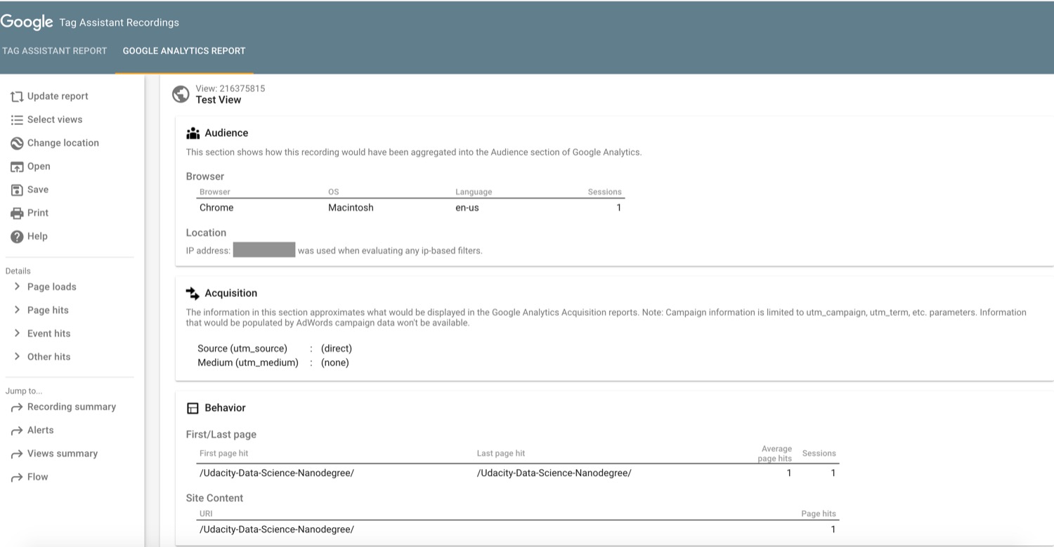 Filter check in Google Analytics Report in Google Tag Assistant Recording