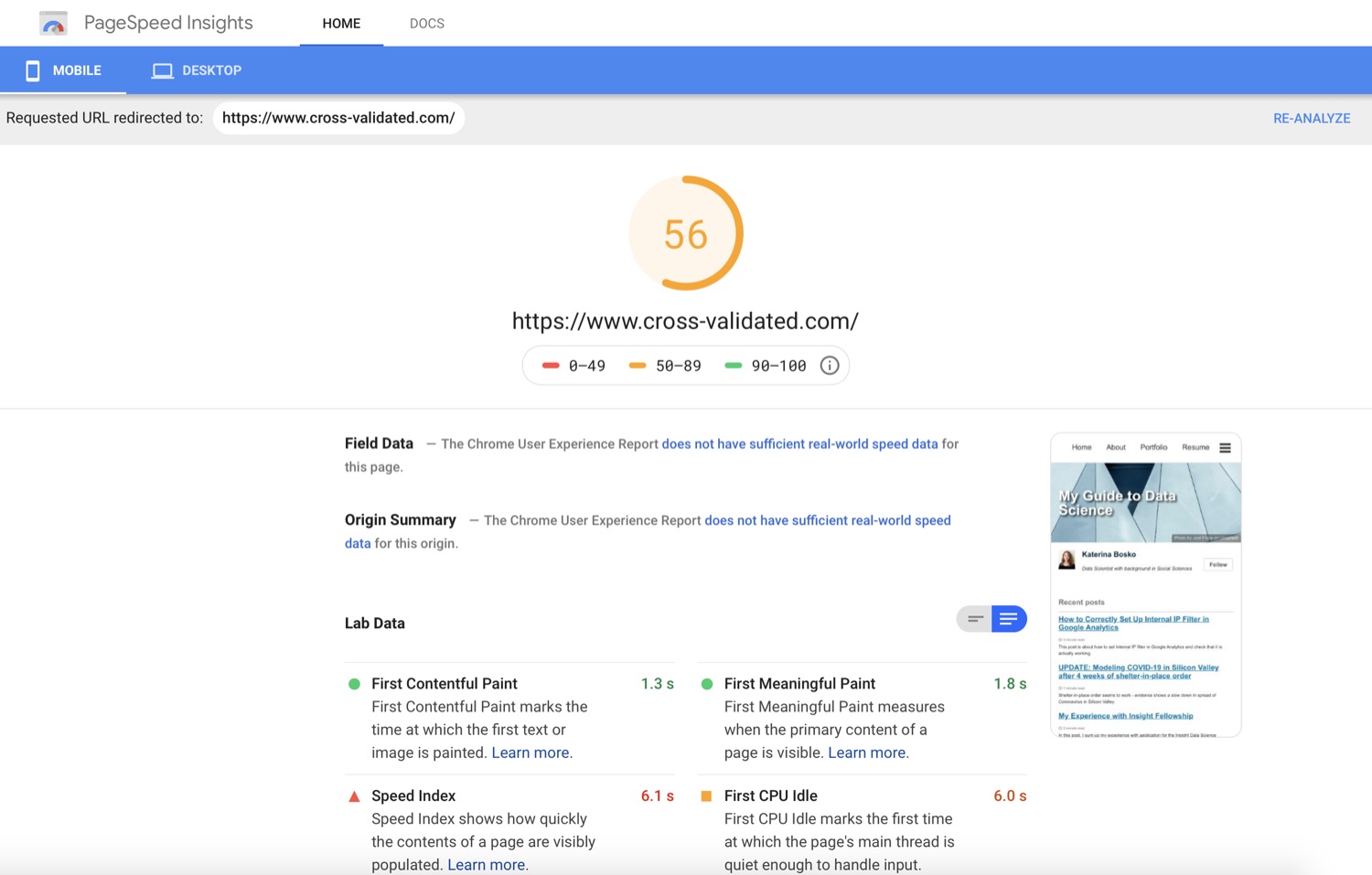 Google PageSpeed Insight results for cross-validated mobile