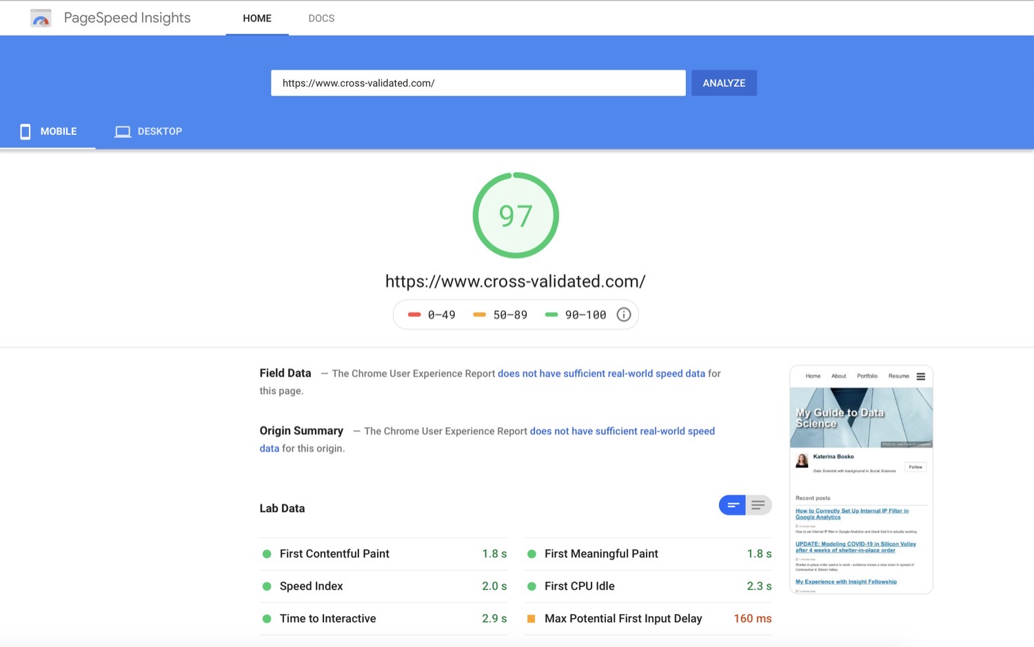 Google PageSpeed Insight results for cross-validated mobile after optimization