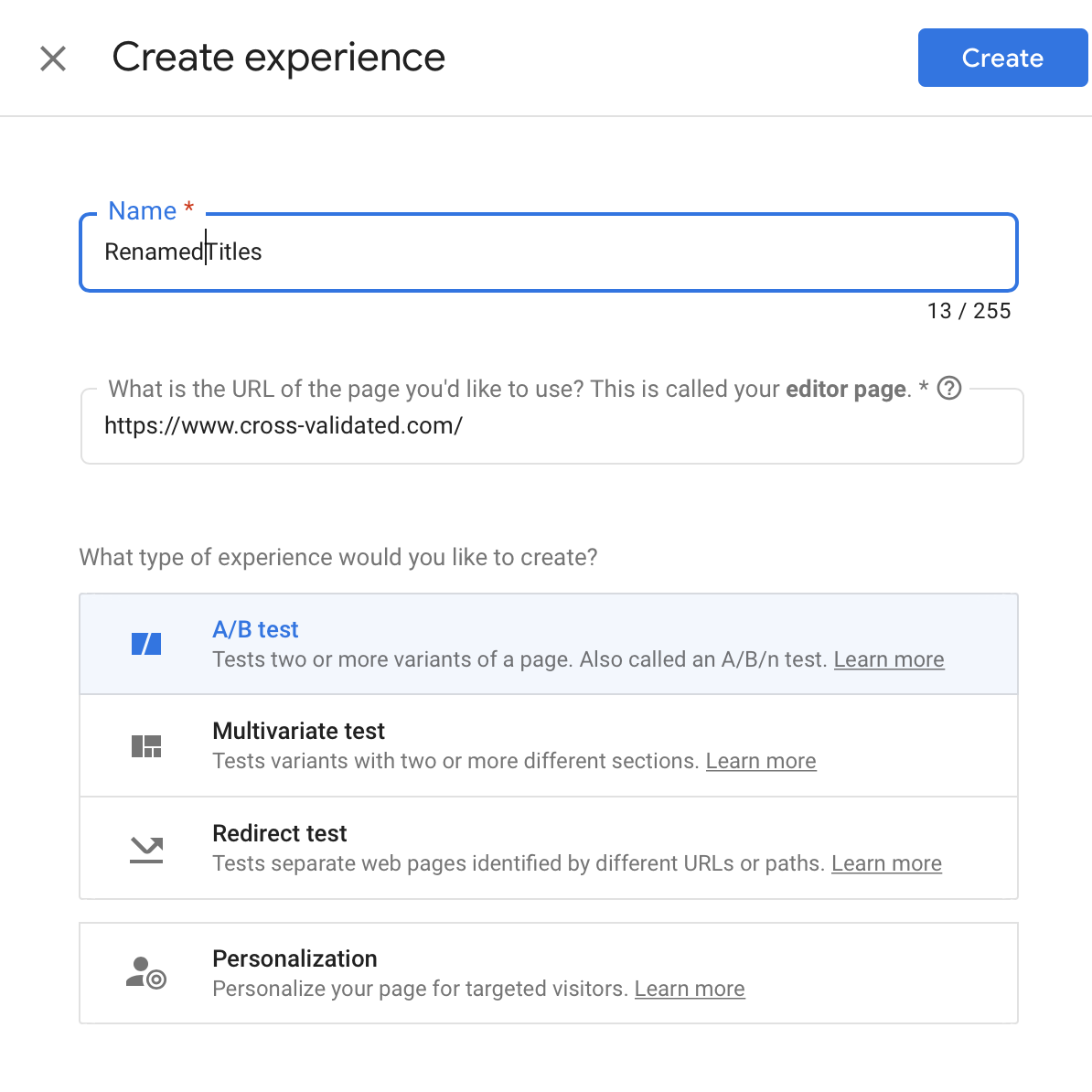Google Optimize Create Experience