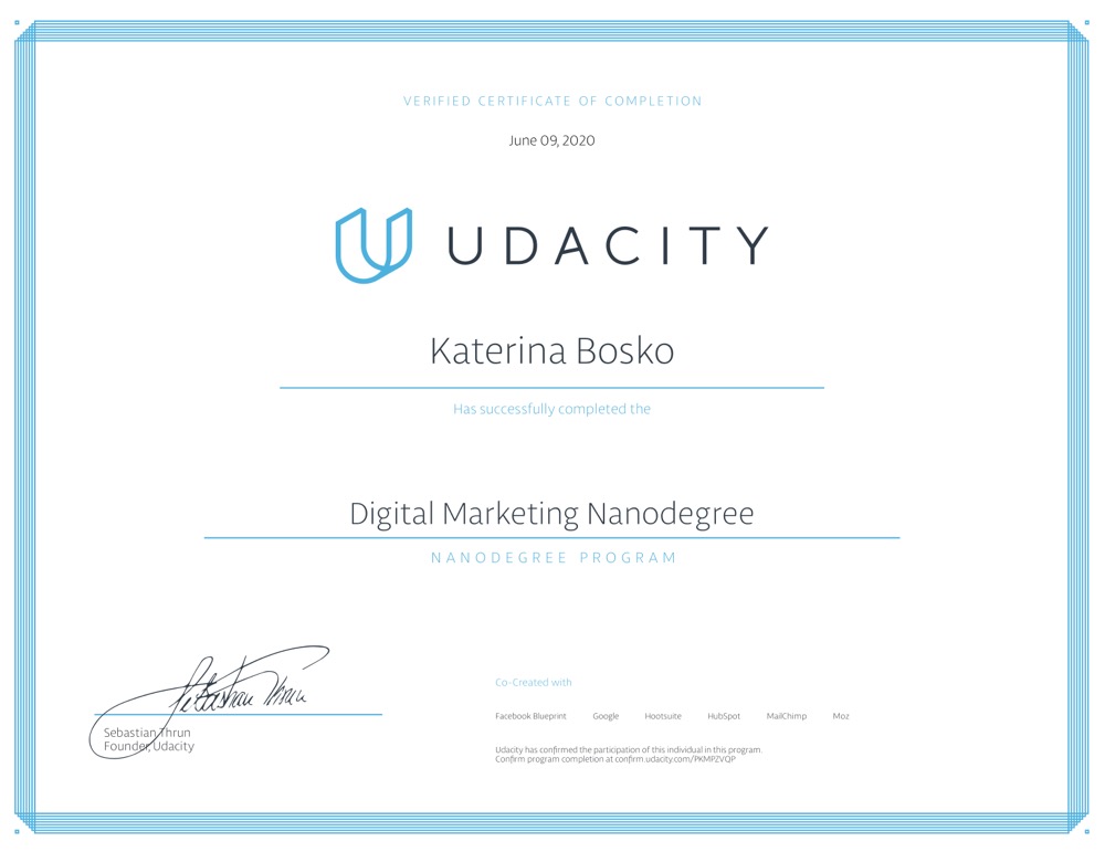 Udacity Digital Marketing Nanodegree Certificate